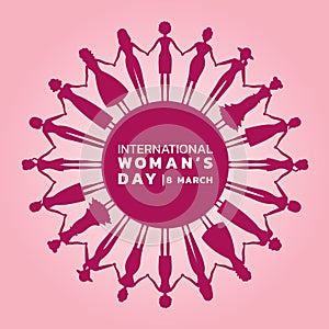 International women day with pink purple womans holding hands to circle banner vector design