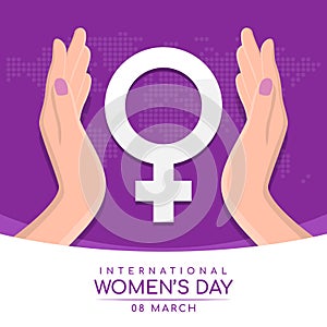 International women day with woman`s hand hold care white female Symbol on abstract purple dot world map texture background vecto