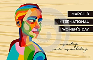 International Women Day young woman face in colorful collage design photo