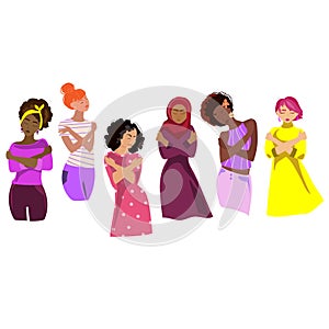 International Women's Day 2023,Embrace Equity concept.Diverse women hugging herself vector illustration