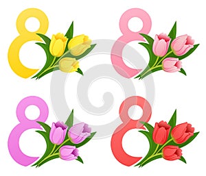 International Women`s Day 8 march with a bouquet of tulips vector illustration