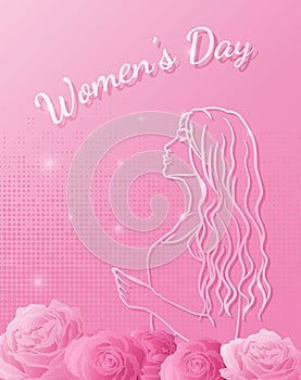 International Women's Day 8 march with elegant woman silhouette and roses.