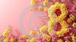 International Women's Day. 8 March Greeting Card. Number eight Crafted from Bright Spring Yellow Flowers on pink