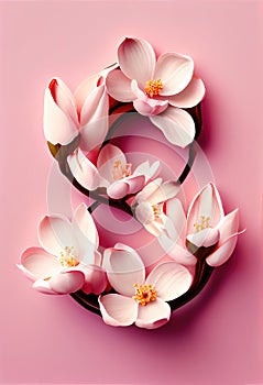 International Women's Day. 8 March greeting card template with eight shaped magnolia flowers. Number 8 shape from