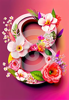 International Women's Day. 8 March greeting card template with eight shaped spring flowers. Number 8 shape from