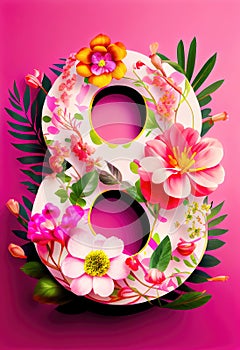 International Women's Day. 8 March greeting card template with eight shaped spring flowers. Number 8 shape from