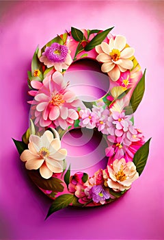 International Women's Day. 8 March greeting card template with eight shaped spring flowers. Number 8 shape from
