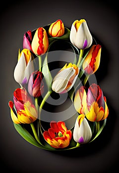 International Women's Day. 8 March greeting card template with eight shaped tulip flowers. Number 8 shape from