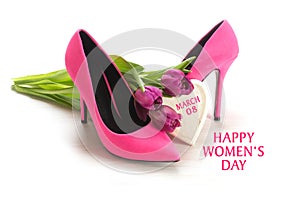 International Women's Day 8 March, ladies pink high heel shoes,