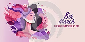 International women's day, 8th March. Colorful banner in pink and purple colors palette.