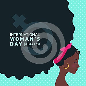 International women`s day with african lady are Curly hair and woman sign banner vector design