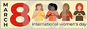 International Women s Day banner. 8 march. Campaign 2024 inspireinclusion. Diverse race group of women hands gesture as