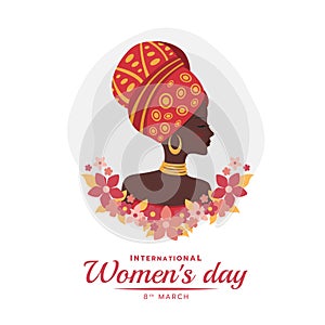 International women`s day banner with african woman lady and red pink flora vector design