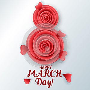 International Women's Day. Banner for March 8 decorating by paper flowers and petals hearts.