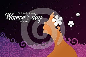 International women`s day banner - woman Afro Hair with star space texture and Put a flower on the ear sign