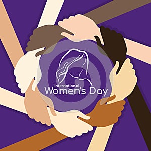 International women`s day banner with woman hand hold hand around circle frame and woman sign on purple background vector design