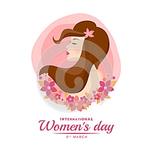 International women`s day banner with woman lady brown long hair and pink flora vector design