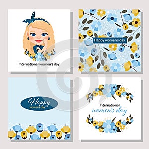 International Women s Day with Blonde Hair Woman and Flowers. Vector templates for card, poster, flyer and other users