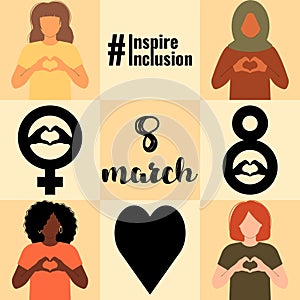 International Women s Day card. 8 march. Campaign 2024 inspireinclusion. Diverse race group of women hands gesture as