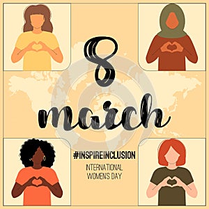 International Women s Day card. 8 march. Campaign 2024 inspireinclusion. Diverse race group of women hands gesture as