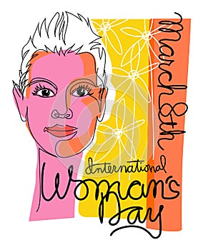 International Women`s Day colorful retro design with beautiful fashionable woman in continuous line style.