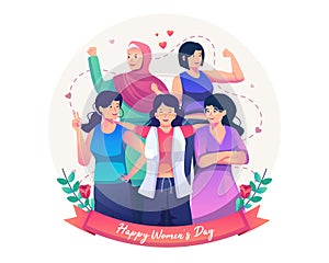 International Women`s Day concept with happy smiling women in different poses and multinational diverse group vector illustration