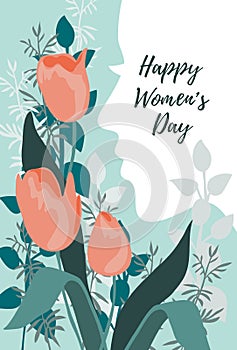International Women s Day. Cute Vector illustration with face of woman for card, poster, flyer and other
