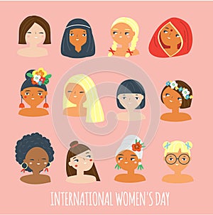 International Women`s Day. Female of different nationalities and religions. Design template for card, poster, banner. Vector