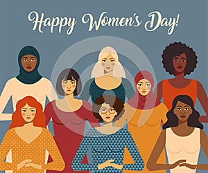 International Women s Day. Female diverse faces of different ethnicity. Vector template with for card, poster, flyer and