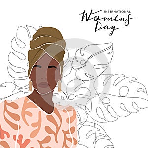 International Women`s Day greeting card. Abstract afro-american woman portrait with one line monstera leaves.