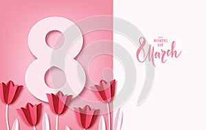 International Women`s Day greeting card design template. 8 March concept. Paper red tulips are arranged in a row.