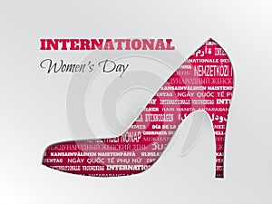 International women`s day greeting card with pink cuted shoe with word cloud in different languages