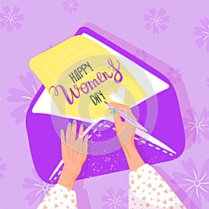 International Women`s Day greeting card. Women writing a greeting letter. Illustration with woman hands, envelope and flowers.