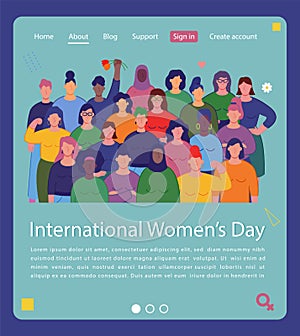 International women`s day. Group of womens with different nationalities and cultures. Website concept template. Vector