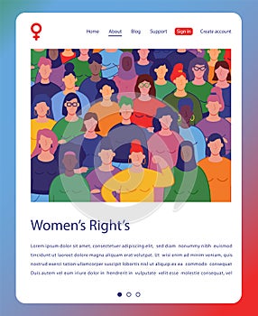 International women`s day. Group of womens with different nationalities and cultures. Website concept template. Vector