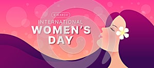 International women's day - head of woman long hair with flower on pink background vector design