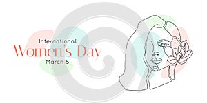 International Women's Day holiday illustration. Woman face with flower in one continuous line drawing. Female