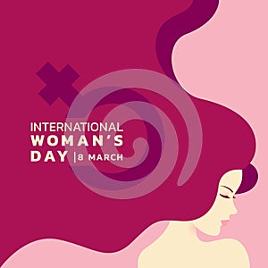 International women`s day with lady and long hair and woman sign banner vector design