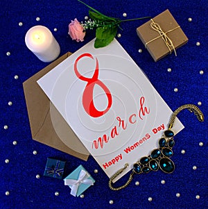 International Women`s Day March 8! Flat Lay, banner, greeting card with flowers from March 8