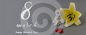 International Women`s Day March 8! Flat Lay, banner, greeting card with flowers from March 8