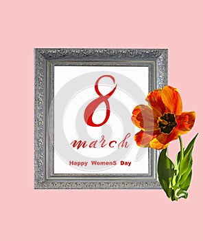 International Women`s Day March 8! Flat Lay, banner, greeting card with flowers from March 8