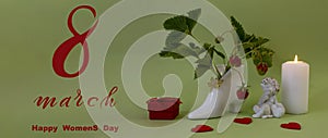 International Women`s Day March 8! Flat Lay, banner, greeting card with flowers from March 8