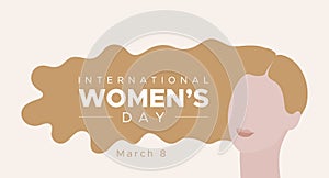 International Women`s Day. March 8. Woman portrait with long blonde hair. Concept of human rights, equality. Vector illustration,