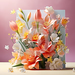 International Women's Day, Mother's Day. Greeting card with paper beautiful flowers close-up and copy space