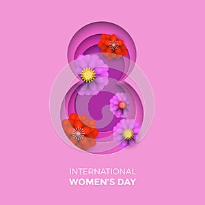 International Women`s Day paper cut illustration with frame number eight for 8 March card. Happy Womens Day