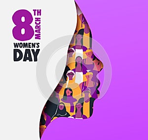 International women`s day paper cut woman profile card design