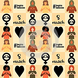 International Women s Day pattern. 8 march. Campaign 2024 inspireinclusion. Diverse race group of women hands gesture as