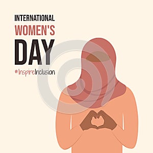 International Women\'s Day 2024 poster with Arab girl in hijab. Inspire Inclusion photo