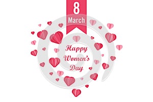 International Women`s Day poster, background and wallpaper. Lettering Happy Women`s day with red heart, love