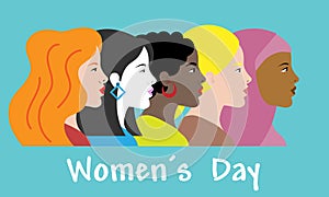 International women`s day poster. Profile faces of different races. photo